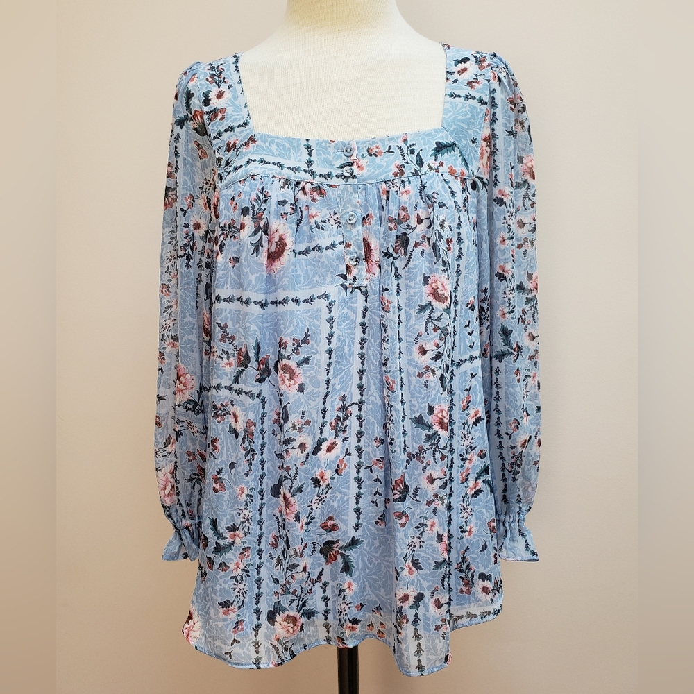 LC Lauren Conrad Blue and Pink Floral Square Neck Long Sleeve Blouse, Medium